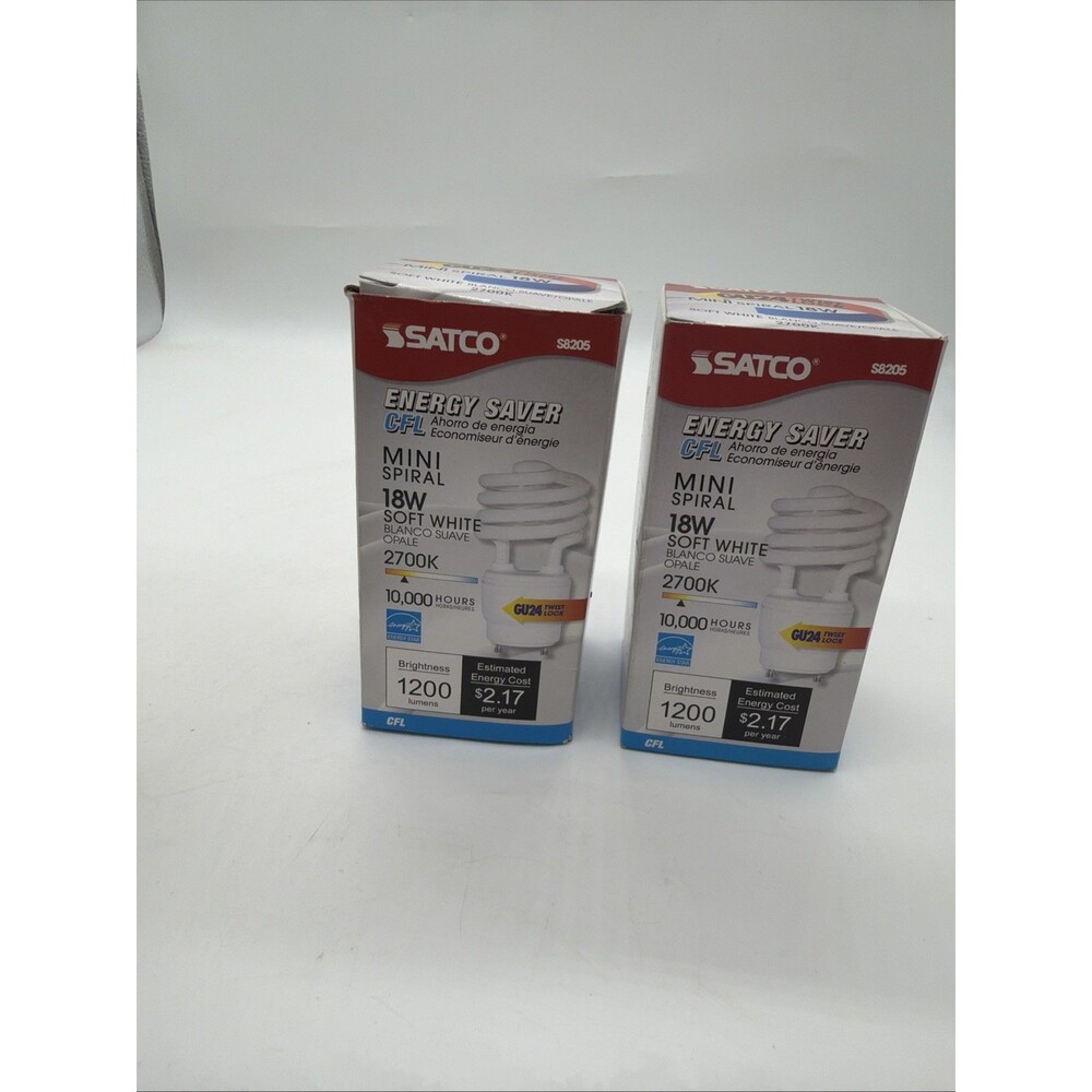 2 Satco S8205 18W Mini Spiral CFL Bulbs Soft White 2700K GU24 1200 Lumens